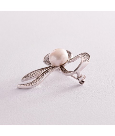 Silver brooch "Bow" with cubic zirconia and pearls 16124 Onyx