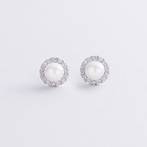 Gold earrings - studs "Linea" (pearls, cubic zirconia) s08916 Onyx