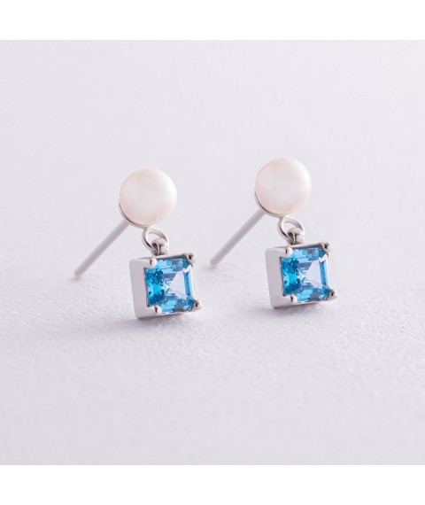 Gold earrings - studs "Alma" (blue cubic zirconia, pearls) s08250 Onyx