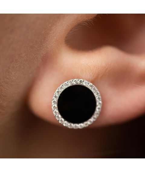 Gold earrings - studs with diamonds and enamel 333341421 Onyx
