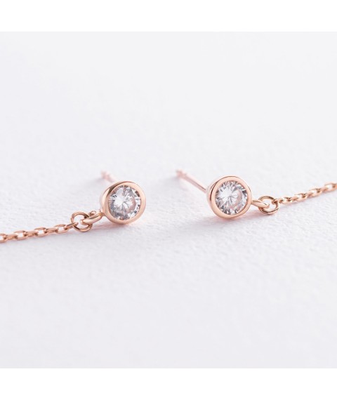 Gold earrings - studs on a chain (cubic zirconia) s07249 Onyx