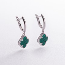 Silver earrings "Clover" (synthetic malachite) 123290 Onyx