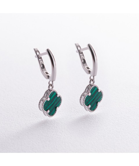 Silver earrings "Clover" (synthetic malachite) 123290 Onyx