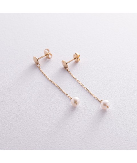 Earrings - studs "Pearl on a chain" in yellow gold s08293 Onyx