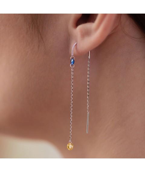 Gold earrings - broaches "Ukrainian" (blue and yellow cubic zirconia) s08390 Onyx