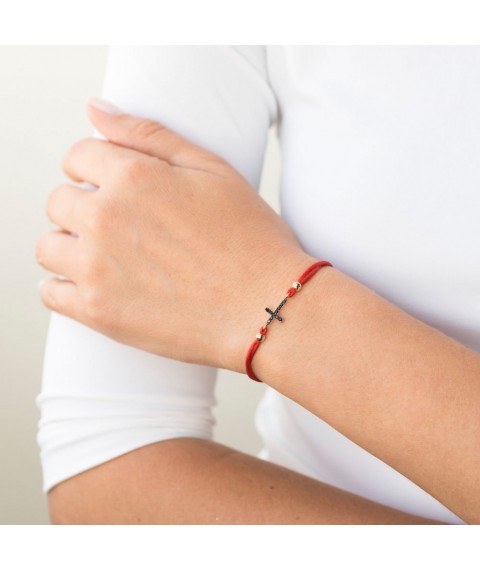 Bracelet with red thread and gold insert "Cross" (fianit) b03481 Onix 18