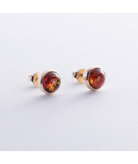 Gold earrings - studs with amber s08713 Onyx