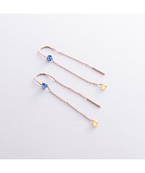 Gold earrings - broaches "Ukrainian" (blue and yellow cubic zirconia) s08391 Onyx