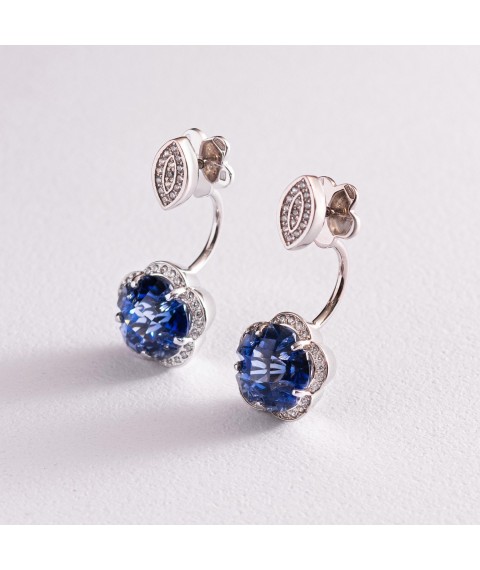 Gold earrings - Jackets "Flowers" with blue sapphires s1005 Onyx