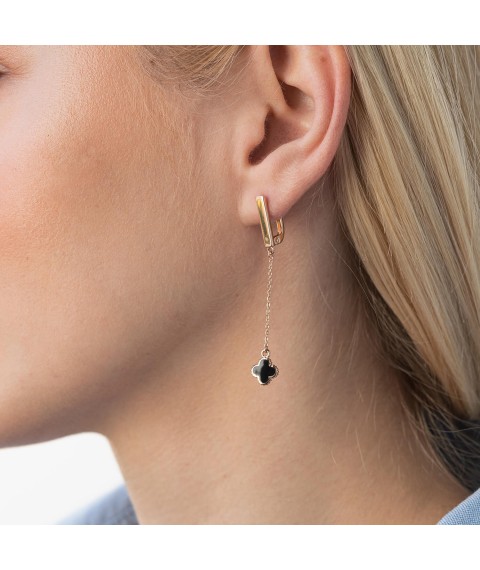 Gold earrings "Clover" (enamel) 400273E Onyx