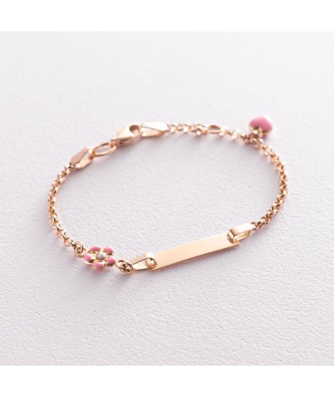 Gold children's bracelet "Flower and Heart" with enamel b04579 Onix 15