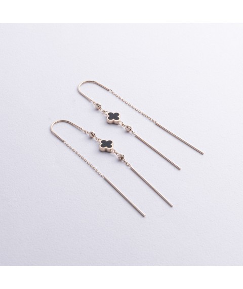 Gold earrings - broaches "Clover" (enamel) s08845 Onyx
