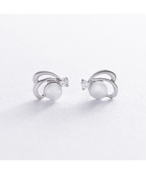 Silver stud earrings (cult. unleavened pearls, cubic zirconia) 12645 Onyx