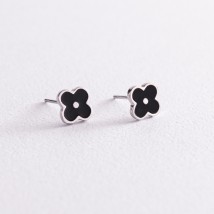 Silver earrings - studs "Clover" (black enamel) 123048 Onyx