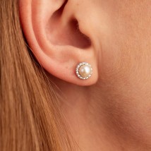 Gold earrings - studs "Linea" (pearls, cubic zirconia) s08916 Onyx