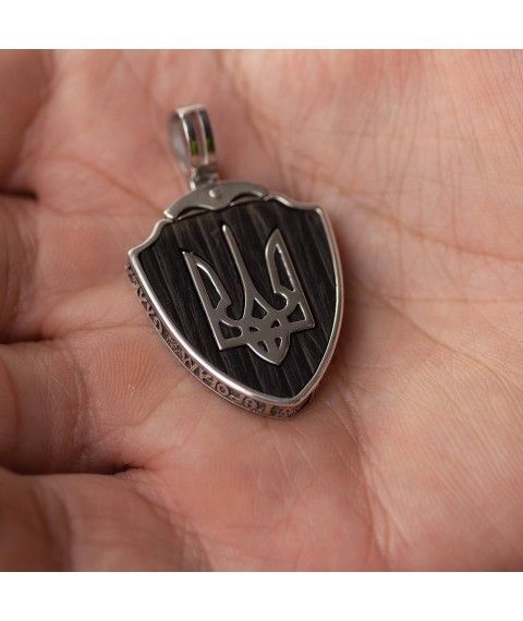 Silver pendant "Coat of arms of Ukraine - Trident. Angel Okhoronets. Glory to Ukraine - Glory to the Heroes" with ebony 972 Onyx