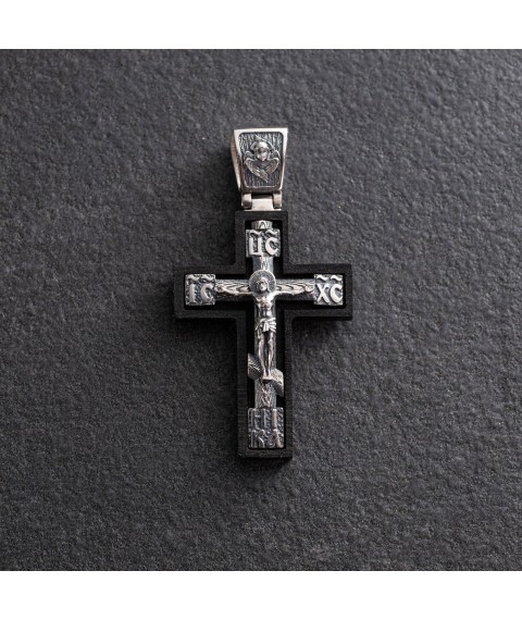 Срібний хрест "Розп'яття. Спаси і Збережи" з ебеновим деревом mini 1340 Онікс