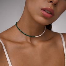 Silver necklace "Pearls and malachite" 181285 Onyx 45