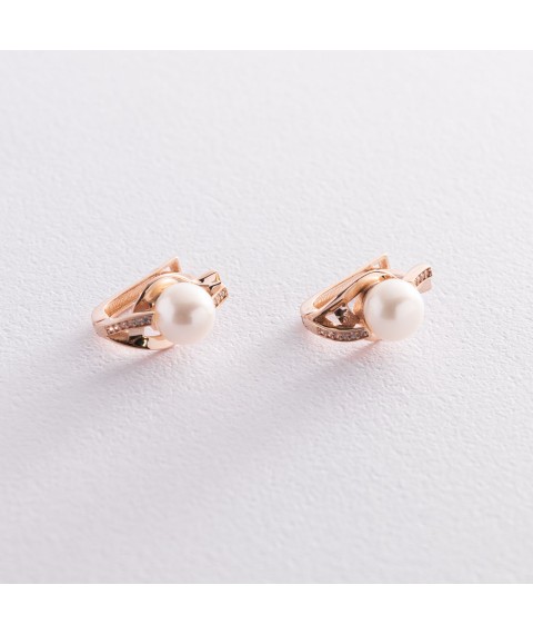 Gold earrings (cult. fresh pearls, cubic zirconia) s05237 Onyx