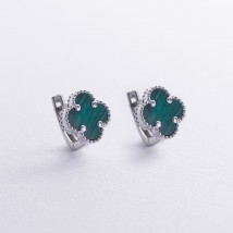 Silver earrings "Clover" with malachite 123358 Onyx