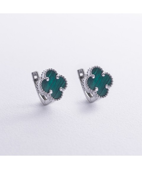 Silver earrings "Clover" with malachite 123358 Onyx
