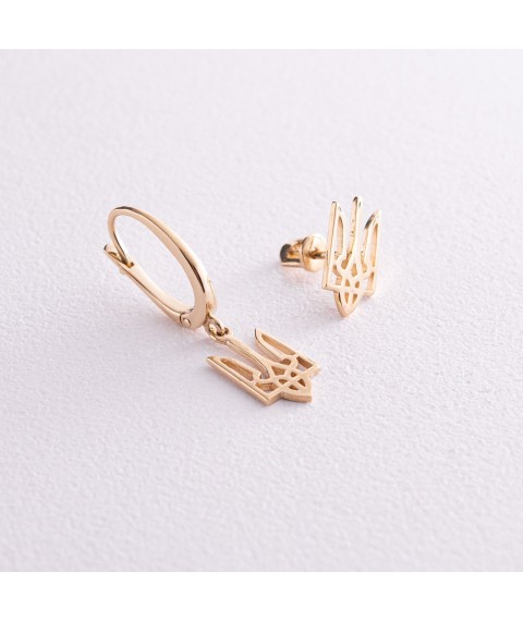 Asymmetrical earrings "Coat of arms of Ukraine - Trident" (yellow gold) s08694 Onix