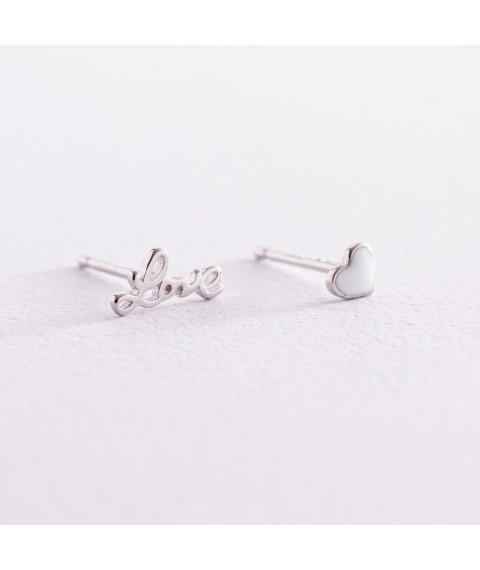 Silver earrings - studs "Love" with enamel 123136 Onyx