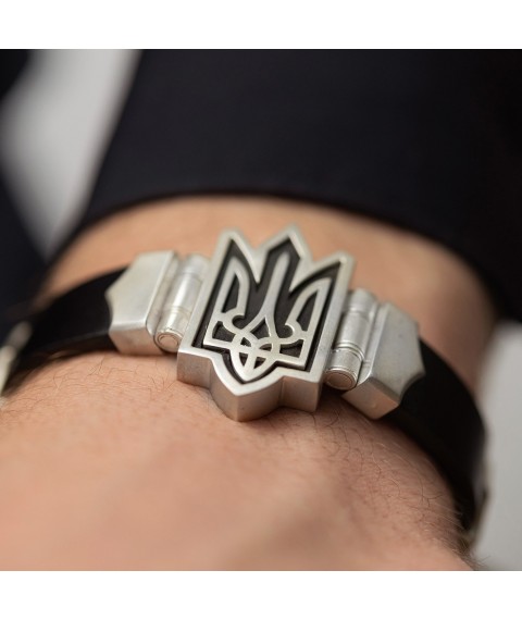 Мужской серебряный браслет "Герб Украины - Тризуб" (кожа, эбен) 1079 Онікс 21