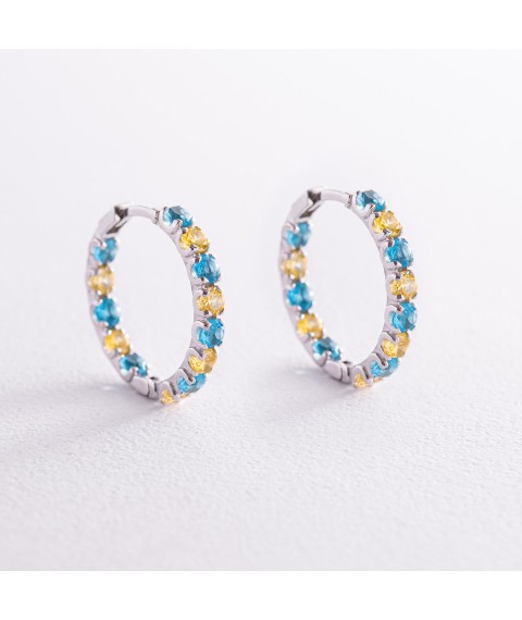 Срібні сережки - кільця з блакитними і жовтими фіанітами OR126610 Онікс