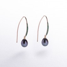 Gold earrings - loops "Olivia" with pearls and cubic zirconia s08517 Onyx