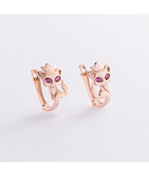 Children's gold earrings "Kittens" (purple cubic zirconia) s07549 Onyx