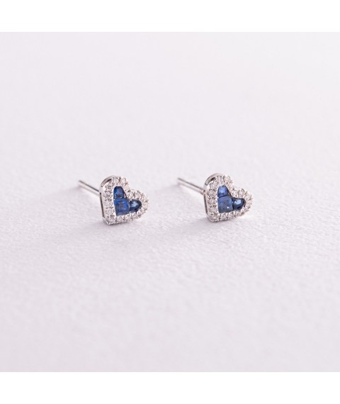 Gold earrings - studs "Hearts" with diamonds and sapphires sb0432ca Onyx