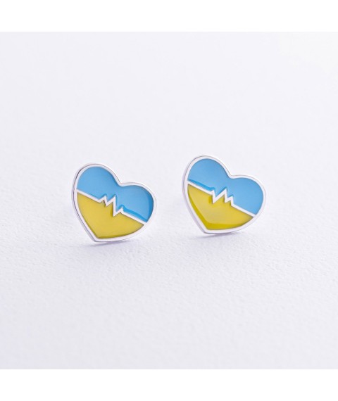 Сережки - пусети "Серце України" у сріблі (блакитна та жовта емаль) 1016 Онікс