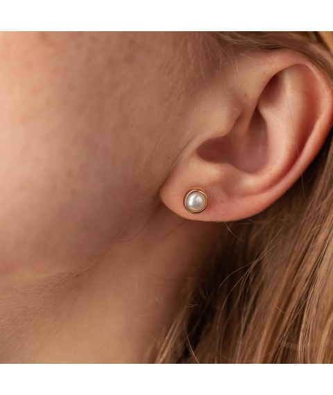 Earrings - studs with pearls (yellow gold) s08505 Onyx