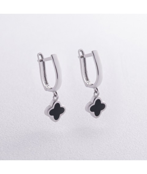 Earrings "Clover" in white gold (enamel) s07535 Onix