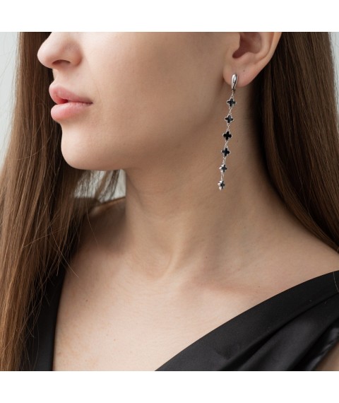 Silver earrings "Clover" 122683 Onyx