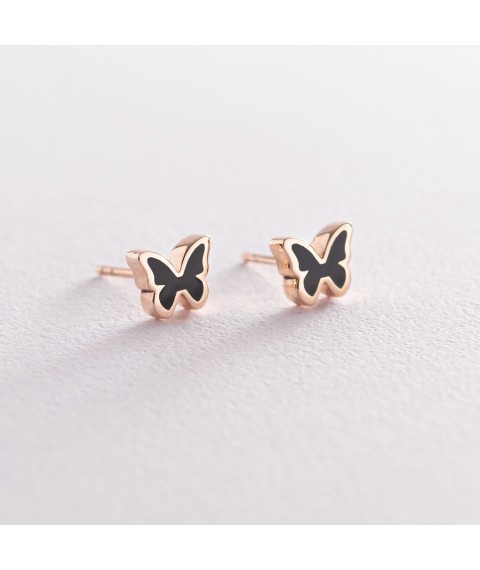Earrings - studs "Butterflies" in red gold (enamel) s06621 Onyx