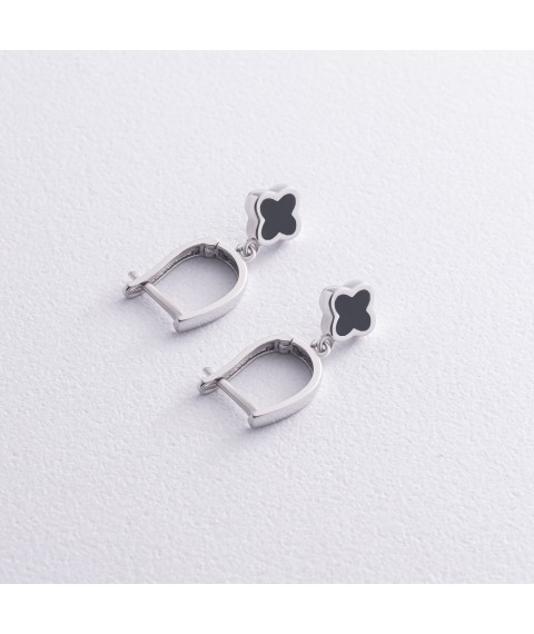 Earrings "Clover" in white gold (enamel) s07535 Onix