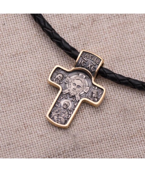Silver Orthodox cross "Savior Not Made by Hands. Holy Hierarch the Wonderworker" 132395 Onyx