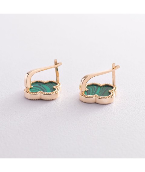 Gold earrings "Clover" with malachite s07366 Onyx