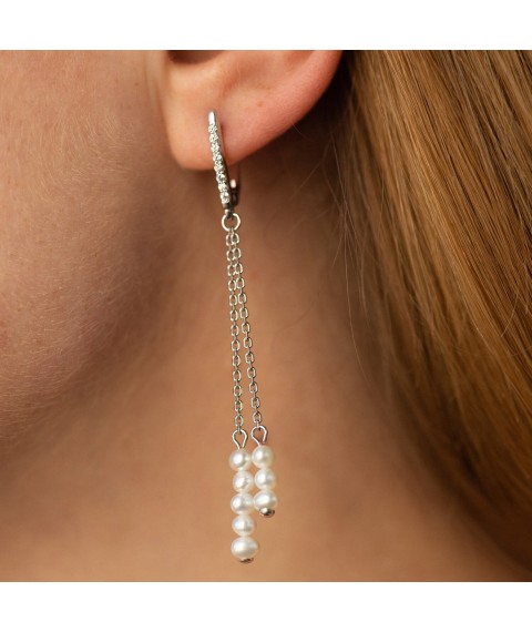 Silver earrings with pearls and cubic zirconia 2336/1р-PWT Onyx