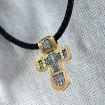 Silver cross "The Crucifixion of Christ. The Holy Trinity. St. Nicholas the Wonderworker. Martyr. Tryphon. Three Saints. Icon of the Mother of God "Tolga". Guardian Angel. St. Sergius of Radonezh. St. Spyridon of Trimifun" 132971 Onyx