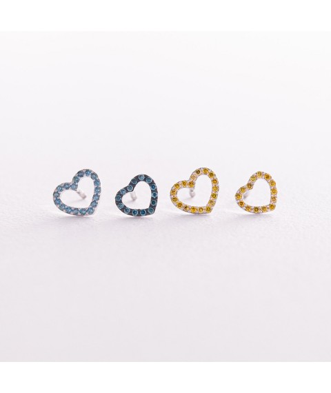 Gold earrings - studs "Hearts" with blue and yellow diamonds 327471121 Onyx