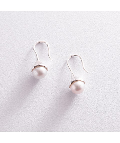 Silver earrings - loops with pearls 123204 Onyx