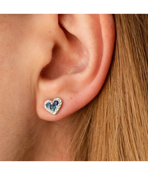 Gold earrings - studs "Hearts" (diamonds, sapphires) sb0523cha Onyx