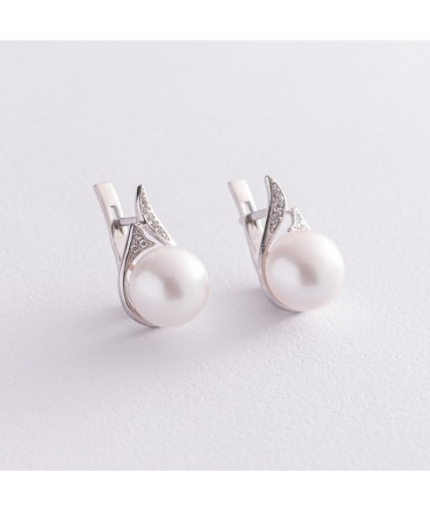 Срібні сережки з перлами і фіанітами 2466/1р-PWT Онікс
