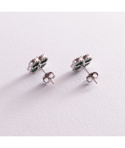 Silver earrings - studs "Clover" with malachite 121815 Onyx