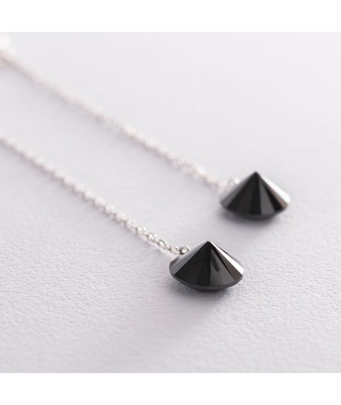 Срібні сережки з чорними камінчиками на ланцюжку 122926 Онікс