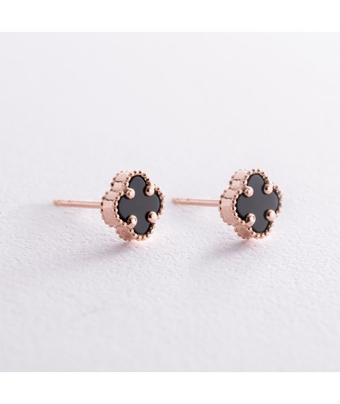 Earrings - studs "Clover" with onyx mini (red gold) s08402 Onyx