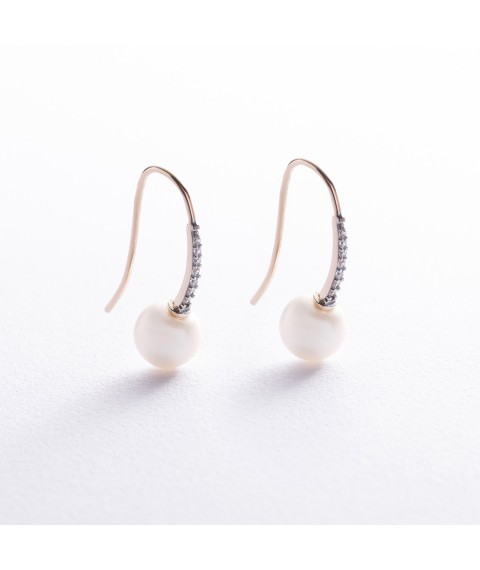 Gold earrings - loops "Olivia" with pearls and cubic zirconia s08516 Onyx